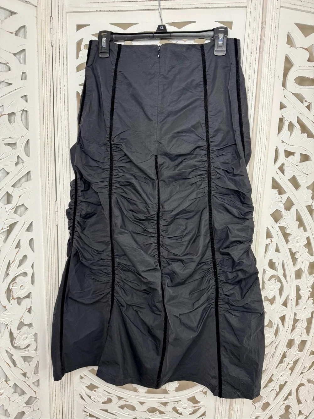 Ronen Chen Black Ruched Velvet Piped Skirt